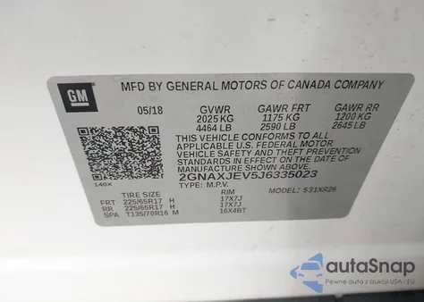 2018 Chevrolet Equinox Lt из США, поврежденный, VIN 2GNAXJEV5J6335023